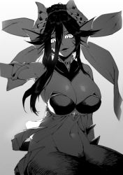 Rule 34 | 1girl, armlet, bottomless, breasts, crusaders quest, gills, gradient background, greyscale, hair between eyes, highres, horns, large breasts, long hair, monochrome, monster girl, navel, parted lips, pinkboy, slit pupils, smile, solo, spikes