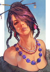 Rule 34 | 1girl, braid, braided bun, breasts, cleavage, dreadlocks, final fantasy, final fantasy x, hair bun, hair ornament, hair over one eye, hair stick, hungry clicker, jewelry, lipstick, looking at viewer, lulu (ff10), makeup, mole, mole under mouth, necklace, one eye covered, parted lips, pearl necklace, pillarboxed, purple lips, red eyes, single hair bun, solo, square enix