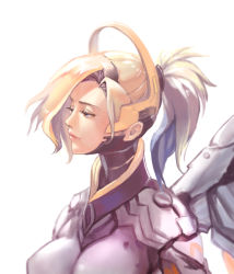 Rule 34 | 1girl, blonde hair, blue eyes, bodysuit, breasts, hair ornament, hair tie, halo, headgear, high ponytail, large breasts, lips, long hair, mao mao wansui, mechanical halo, mechanical wings, mercy (overwatch), overwatch, overwatch 1, pink lips, ponytail, portrait, simple background, solo, turtleneck, upper body, white background, wing print, wings