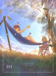 Rule 34 | 1boy, 3girls, absurdres, animal, animal on head, arm up, bare shoulders, barefoot, bird, bird on head, black ribbon, blonde hair, blue eyes, blue sky, brown hair, chair, collared shirt, commentary request, cup, drinking glass, english text, falling leaves, from below, goroku, grass, grey eyes, hammock, highres, holding, holding cup, index finger raised, knee up, leaf, light rays, long hair, looking at viewer, looking to the side, lying, mountain, mountainous horizon, multiple girls, neck ribbon, on back, on head, open mouth, original, plant, ribbon, scenery, shirt, short hair, shorts, sitting, sky, summer, sunbeam, sunlight, toasting (gesture), tree