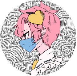 Rule 34 | 1girl, commentary request, from side, hairband, heart, komeiji satori, mask, mefomefo, mouth mask, pink eyes, pink hair, profile, ribbon trim, short hair, solo, spanish commentary, touhou