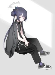 Rule 34 | 1girl, absurdres, alternate costume, black hair, black jacket, blue archive, butterfly hair ornament, full body, grey eyes, hair bun, hair ornament, halo, highres, invisible chair, jacket, jacket on shoulders, kisaki (blue archive), long hair, looking at viewer, nail polish, pants, s2j00, shoes, simple background, sitting, sleeveless, sneakers, solo, twintails, very long hair