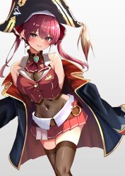 Rule 34 | 1girl, absurdres, ascot, bare shoulders, bicorne, black jacket, black thighhighs, blush, breasts, cleavage, closed mouth, commentary request, cropped jacket, feet out of frame, grey background, hat, heterochromia, highres, hololive, houshou marine, houshou marine (1st costume), jacket, large breasts, leotard, leotard under clothes, long hair, looking at viewer, navel, off shoulder, pirate hat, pleated skirt, red ascot, red eyes, red hair, red jacket, red skirt, see-through, see-through cleavage, see-through leotard, simple background, skirt, sleeveless, sleeveless jacket, smile, solo, standing, thighhighs, toketa-sekai, twintails, virtual youtuber, yellow eyes