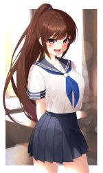 Rule 34 | 1girl, :d, arms behind back, black sailor collar, black skirt, blue neckerchief, blush, border, breasts, brown hair, cowboy shot, hair tie, high ponytail, highres, large breasts, long hair, looking at viewer, maemi (maemi12), miniskirt, neckerchief, open mouth, original, outside border, pleated skirt, purple eyes, revision, sailor collar, shirt, shirt overhang, short sleeves, skirt, smile, solo, standing, very long hair, white border, white shirt