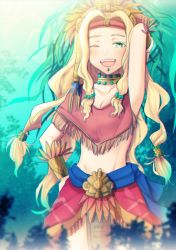 Rule 34 | 1girl, aqua eyes, blonde hair, breasts, capelet, choker, cleavage, crown, fate/grand order, fate (series), hair ornament, headband, highres, jewelry, long hair, midriff, one eye closed, open mouth, quetzalcoatl (fate), skirt