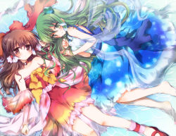 Rule 34 | 2girls, adapted costume, alternate costume, bad id, bad pixiv id, bare shoulders, blue dress, bow, brown eyes, brown hair, bustier, choker, closed mouth, dot mouth, dress, female focus, frog, green eyes, green hair, hair bow, hair ornament, hair tubes, hakurei reimu, hizukiryou, kochiya sanae, lingerie, long hair, lying, multicolored clothes, multicolored dress, multiple girls, red dress, sleeveless, smile, snake, split mouth, touhou, underwear, water