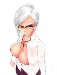 Rule 34 | 10s, 1girl, breasts, cleavage, glasses, highres, large breasts, lips, nabe (ingenmame), prison school, red eyes, shiraki meiko, short hair, silver hair, simple background, sketch, skirt, solo, white background