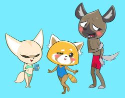 Rule 34 | 10s, 1boy, 2girls, aggressive retsuko, animal ears, animal hands, aqua bikini, bare shoulders, barefoot, bikini, black eyes, black sclera, blue background, blue one-piece swimsuit, blush, cellphone, colored sclera, fenneko, fox ears, fox tail, full body, furry, haida (aggretsuko), hand up, hands up, highres, holding, holding own arm, hyena, jobbythehong, leg up, looking away, looking to the side, multiple girls, navel, official style, one-piece swimsuit, one eye closed, open mouth, outstretched arms, panda ears, phone, red shorts, retsuko, sharp teeth, shorts, shy, simple background, smile, standing, standing on one leg, sweat, swimsuit, tail, teeth, tongue, tongue out, white eyes