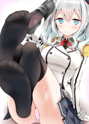 Rule 34 | 10s, 1girl, bad id, bad pixiv id, beret, black thighhighs, blue eyes, blue skirt, blush, breasts, buttons, collar, epaulettes, feet, female focus, foot focus, frilled sleeves, frills, gloves, grey footwear, hat, heart, heart-shaped pupils, holding, holding shoes, kantai collection, kashima (kancolle), large breasts, looking at viewer, military, military uniform, miniskirt, no shoes, oouso, panties, pantyshot, pink panties, pleated skirt, red ribbon, ribbon, shoes, unworn shoes, short hair, silver hair, simple background, sitting, skirt, smell, soles, solo, sweat, sweatdrop, symbol-shaped pupils, thighhighs, toes, underwear, uniform, wavy hair, white background, white gloves