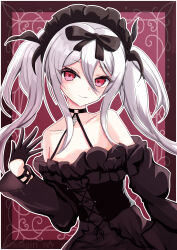 Rule 34 | 1girl, absurdres, asagiri rey, azur lane, bare shoulders, black bow, black corset, black dress, black gloves, border, bow, choker, closed mouth, collarbone, corset, cross, cross choker, dress, fang, frilled dress, frilled headwear, frills, gloves, gothic lolita, hair between eyes, hair bow, hand up, highres, lolita fashion, long hair, looking at viewer, outside border, red eyes, solo, twintails, twitter username, vampire (azur lane), vampire (meta) (azur lane), white border, white hair
