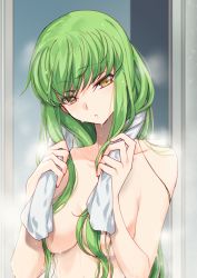 Rule 34 | 1girl, breasts, c.c., cleavage, code geass, collarbone, completely nude, creayus, green hair, hair censor, hair over breasts, long hair, looking at viewer, medium breasts, nude, parted lips, solo, steam, towel, upper body, wet, wet hair, white towel, yellow eyes