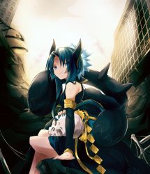Rule 34 | 1girl, arm warmers, blue eyes, blue hair, building, guzzlord, horns, kgbt i, looking at viewer, looking back, outdoors, personification, pokemon, sitting, skull, smile
