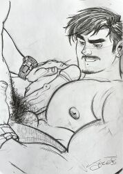 Rule 34 | 2boys, bara, between pecs, between pectorals, bigwatchboiz, completely nude, erection, facial hair, goatee, graphite (medium), greyscale, hand on another&#039;s chest, highres, large pectorals, male focus, male pubic hair, mature male, monochrome, multiple boys, muscular, muscular male, mustache, nipples, nude, original, pecjob, pectorals, penis, pubic hair, raised eyebrow, short hair, sideburns, sideburns stubble, smirk, solo focus, stomach, stubble, thick eyebrows, traditional media, upper body, watch, wristwatch, yaoi
