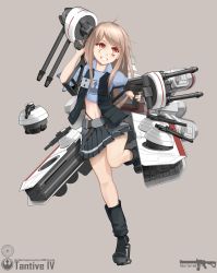 Rule 34 | 1girl, absurdres, animification, artist name, blonde hair, character name, facial tattoo, full body, grey background, gun, highres, long hair, mecha musume, midriff, navel, personification, pleated skirt, red eyes, skirt, socks, solo, star wars, tantive iv, tattoo, teeth, vectorek, weapon