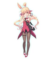 Rule 34 | 1girl, animal ear fluff, animal ears, bag, bare arms, bare shoulders, between breasts, black pantyhose, blonde hair, bow, bowtie, breasts, detached collar, fake animal ears, full body, game cg, hair between eyes, hand on own hip, leotard, little witch nobeta, long hair, looking at viewer, milkshakework, nobeta, non-web source, official art, open mouth, pantyhose, playboy bunny, rabbit ears, red bow, red bowtie, red eyes, red footwear, red leotard, shoes, shoulder bag, simple background, small breasts, solo, standing, strapless, strapless leotard, transparent background, twintails, very long hair, white wrist cuffs, wrist cuffs