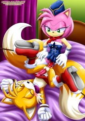 Rule 34 | 1boy, 1girl, amy rose, anal, ball gag, bbmbbf, bdsm, bed, blush, bondage, bound, crossdressing, dildo, femdom, flight attendant, furry, gag, gloves, hetero, highres, male penetrated, mobius unleashed, palcomix, pegging, penis, rape, sega, sex toy, sonic (series), strap-on, tails (sonic), testicles, thighhighs, travel attendant