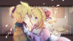 Rule 34 | 1boy, 1girl, akiyoshi (tama-pete), blonde hair, book, braid, brother and sister, crown braid, eye contact, hair ornament, kagamine len, kagamine rin, looking at another, open book, reading, short hair, siblings, swept bangs, twins, vocaloid
