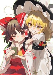 Rule 34 | 2girls, apron, ascot, bare shoulders, black headwear, black skirt, black vest, blonde hair, blush, bow, brown eyes, brown hair, closed mouth, cup, detached sleeves, frilled apron, frills, hair bow, hair tubes, hakurei reimu, hat, hat bow, highres, holding, holding cup, japanese clothes, jill 07km, kirisame marisa, long hair, multiple girls, nontraditional miko, one eye closed, open mouth, red bow, ribbon-trimmed sleeves, ribbon trim, shirt, short hair, short sleeves, sidelocks, signature, simple background, skirt, smile, star (symbol), touhou, vest, waist apron, white apron, white background, white bow, white shirt, wide sleeves, witch hat, yellow ascot, yellow eyes, yunomi