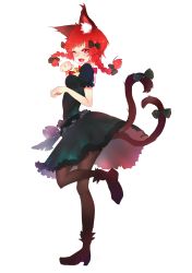 Rule 34 | 13o, 1girl, ;d, absurdres, adapted costume, animal ear fluff, animal ears, bell, black pantyhose, blunt bangs, blush, bow, bowtie, braid, breasts, cat ears, dress, fang, floating hair, full body, green dress, hand up, happy, high heels, highres, jingle bell, kaenbyou rin, long hair, multiple tails, nail polish, neck bell, nekomata, nose blush, one eye closed, open mouth, pantyhose, paw pose, puffy short sleeves, puffy sleeves, red bow, red bowtie, red eyes, red hair, red nails, short sleeves, simple background, skin fang, small breasts, smile, solo, standing, standing on one leg, tail, touhou, twin braids, two tails, white background