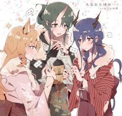 Rule 34 | ..., 3girls, :|, anger vein, animal ear fluff, animal ears, arknights, blonde hair, blue eyes, blue hair, cat ears, ch&#039;en (arknights), closed mouth, commentary request, dragon horns, floral print, fur-trimmed kimono, fur trim, green eyes, green hair, green kimono, highres, horns, hoshiguma (arknights), japanese clothes, jewelry, kimono, kyou 039, long hair, multiple girls, omikuji, pink kimono, pointy ears, reading, red eyes, red kimono, ring, sash, single horn, skin-covered horns, speech bubble, spoken ellipsis, striped clothes, striped kimono, sweatdrop, swire (arknights)