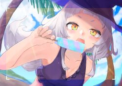 1girl absurdres armpits beach blue_sky blush breasts chankuro food grey_hair highres holding holding_food holding_popsicle hololive long_hair looking_at_viewer murasaki_shion open_mouth palm_tree popsicle sky solo swimsuit tree virtual_youtuber water white_hair yellow_eyes