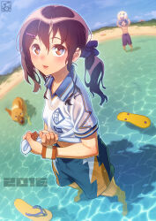 Rule 34 | 1boy, 1girl, :d, afloat, aoi sora (pairan), arms up, ball, bare legs, barefoot, beach, beachball, black hair, blue ribbon, blue shorts, blue sky, brother and sister, brown eyes, caustics, collared shirt, day, dog, dutch angle, gym uniform, hair ornament, hair ribbon, hairclip, highres, holding, holding ball, low twintails, male swimwear, midriff peek, ocean, open mouth, original, outdoors, pairan, purple hair, ribbon, sandals, see-through, shirt, short hair, short sleeves, shorts, siblings, sky, smile, solo focus, standing, summer, sweatband, swim trunks, topless male, twintails, unworn sandals, wading, water, water drop, wet, wet clothes, wet hair, wet shirt, white shirt, wing collar, wringing clothes