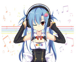 Rule 34 | 1girl, alternate costume, alternate hairstyle, blue hair, blush, detached collar, detached sleeves, hair ornament, headphones, highres, hinanawi tenshi, long hair, looking at viewer, maturiuta sorato, musical note, one eye closed, red eyes, smile, solo, touhou, twintails, wink