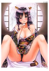 Rule 34 | 1girl, absurdres, animal ears, architecture, bare legs, bare shoulders, black hair, black panties, blush, breasts, choko (cup), cleavage, collarbone, cup, east asian architecture, flower, hair flower, hair ornament, highres, holding, holding cup, japanese clothes, kimono, large breasts, long hair, looking at viewer, mikuni mizuki, on floor, open clothes, open kimono, panties, parted lips, red eyes, sitting, snow, solo, spread legs, striped tail, tail, tiger ears, tiger tail, toranoana, underwear
