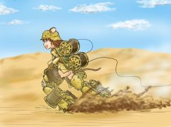 Rule 34 | 1girl, animal ears, brown hair, cable, cloud, cover image, day, desert, dust cloud, helmet, highres, long hair, military, military uniform, mouse ears, open mouth, original, running, sand, sky, smile, solo, strike witches, striker unit, tail, tsuchi to abura, uniform, wire, wire spool, world witches series
