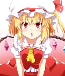 Rule 34 | 1girl, ascot, blonde hair, blush, e.o., female focus, flandre scarlet, hat, hat ribbon, highres, looking at viewer, mob cap, open mouth, red eyes, ribbon, skirt, solo, touhou, wings