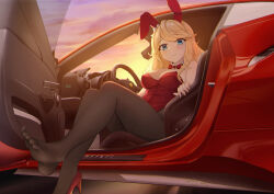 Rule 34 | 1girl, alternate costume, animal ears, bare shoulders, black pantyhose, blonde hair, blue eyes, blush, breasts, car, car door, car interior, cleavage, closed mouth, commentary request, ear covers, feet, fritz614, gold city (umamusume), high heels, highres, horse ears, horse girl, leotard, long hair, medium breasts, motor vehicle, open door, outdoors, pantyhose, red footwear, red leotard, shoes, single shoe, smile, solo, steering wheel, strapless, strapless leotard, umamusume