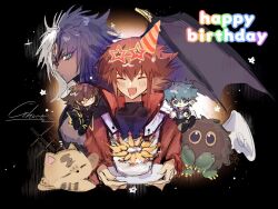 Rule 34 | 1boy, :d, black shirt, blush, brown eyes, cake, cat, cropped torso, dark persona, drooling, duel academy uniform (yu-gi-oh! gx), duel monster, food, ghost taochuan, hair between eyes, happy birthday, holding, holding plate, jacket, johan andersen, long sleeves, looking at viewer, looking to the side, male focus, mouth drool, multicolored hair, open mouth, pharaoh (cat), plate, red jacket, shirt, short hair, smile, solo, supreme king (yu-gi-oh! gx), two-tone hair, unfinished, winged kuriboh, yu-gi-oh!, yu-gi-oh! gx, yubel, yuki judai