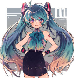 Rule 34 | 1girl, alternate costume, blue bow, blue hair, bow, bracelet, character name, commentary, copyright name, cowlick, hands on own hips, hatsune miku, headset, highres, jewelry, kouhara yuyu, pencil skirt, purple eyes, skirt, smile, solo, twintails, vocaloid