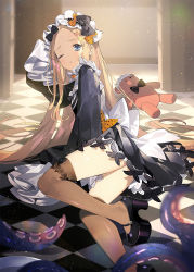 Rule 34 | 1girl, abigail williams (fate), apron, ass, black bow, black dress, black footwear, blonde hair, blue eyes, blush, bow, breasts, brown thighhighs, checkered floor, closed mouth, dress, fate/grand order, fate (series), forehead, frills, high heels, highres, legs, long hair, looking at viewer, maid headdress, mary janes, namyo, orange bow, parted bangs, platform footwear, polka dot, polka dot bow, ribbed dress, shoes, sleeves past fingers, sleeves past wrists, solo, stuffed animal, stuffed toy, teddy bear, tentacles, thighhighs, thighs