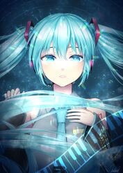 1girl blue_eyes blue_hair chiutake_mina collared_shirt commentary_request detached_sleeves hair_ornament hand_on_own_chest hatsune_miku headphones headset highres instrument long_sleeves looking_at_viewer nail_polish necktie piano shirt sleeveless sleeveless_shirt solo twintails upper_body vocaloid