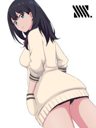 Rule 34 | 1girl, ass, black hair, black skirt, blue eyes, bow, bowtie, breasts, cardigan, dutch angle, from behind, garam masala (7355873), gridman universe, hands in pockets, long hair, long sleeves, looking at viewer, looking back, medium breasts, microskirt, pleated skirt, red bow, school uniform, simple background, skirt, solo, ssss.gridman, takarada rikka, white background, white cardigan