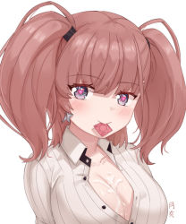 Rule 34 | 1girl, atlanta (kancolle), blush, breasts, brown hair, condom, condom in mouth, condom wrapper, earrings, grey eyes, heart, heart-shaped pupils, holding, holding condom, jewelry, kantai collection, large breasts, looking at viewer, moon ash, mouth hold, partially unbuttoned, shirt, simple background, smile, solo, star (symbol), star earrings, suggestive fluid, symbol-shaped pupils, twintails, two side up, upper body, white background, white shirt