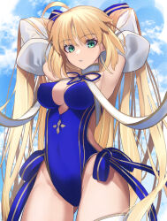 Rule 34 | 1girl, ahoge, armpits, arms behind head, arms up, artoria caster (fate), artoria caster (swimsuit) (fate), artoria caster (swimsuit) (third ascension) (fate), artoria pendragon (fate), bare shoulders, blonde hair, blue one-piece swimsuit, blue ribbon, blue sky, bow, breasts, cleavage, covered navel, detached sleeves, facial mark, fate/grand order, fate (series), forehead mark, green eyes, hair bow, highleg, highleg swimsuit, long hair, looking at viewer, medium breasts, neko daruma, one-piece swimsuit, ribbon, sky, solo, swimsuit, thighs, twintails, very long hair, white ribbon, white sleeves