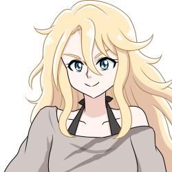 Rule 34 | 1girl, birdie wing: golf girls&#039; story, blonde hair, blouse, blue eyes, closed mouth, eve (birdie wing: golf girls&#039; story), grey shirt, highres, long hair, shirt, simple background, sleeveless, sleeveless shirt, smile, striped clothes, striped shirt, upper body, white background