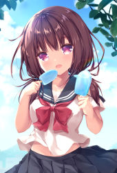 Rule 34 | 1girl, blue sky, breasts, brown hair, cloud, collar, collarbone, commentary request, cowboy shot, day, eyes visible through hair, food, grey collar, grey skirt, hair between eyes, hands up, highres, holding, holding food, leaf, long hair, looking at viewer, low twintails, medium breasts, midriff, navel, neckerchief, open mouth, original, popsicle, purple eyes, red neckerchief, refia (lollipop star), sailor collar, school uniform, serafuku, skirt, sky, solo, summer, twintails, white serafuku