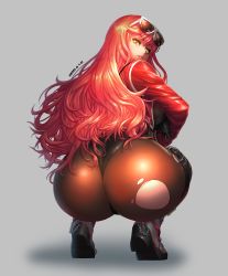 Rule 34 | 1girl, ass, ass focus, blush, bodysuit, boots, come hither, dark skin, from behind, goddess of victory: nikke, highres, huge ass, jacket, katoyo85, leotard, long hair, looking at viewer, looking back, looking down, naughty face, pantyhose, red hair, shiny clothes, shiny skin, smile, solo, squatting, thick thighs, thigh strap, thighs, thong, thong leotard, torn clothes, very long hair, volume (nikke), yellow eyes