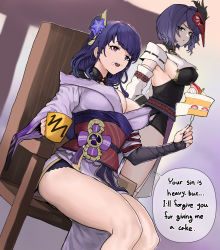Rule 34 | 2girls, blunt bangs, breasts, cake, cake slice, chair, chroong, cleavage, eating, english text, food, food on face, fork, genshin impact, hair between eyes, highres, japanese clothes, kimono, kujou sara, large breasts, long hair, long sleeves, mask, mask on head, mole, mole under eye, multiple girls, open mouth, raiden shogun, short hair, sideboob, sitting, speech bubble, standing, thighs