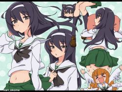 Rule 34 | &gt; &lt;, 10s, 2girls, adjusting neckwear, afterimage, black hair, black legwear, black neckerchief, blouse, blunt bangs, blush, brown eyes, brown footwear, chibi, closed mouth, commentary, from above, frown, girls und panzer, green background, green skirt, hairband, half-closed eyes, hand in own hair, invisible chair, kari okome, kemonomimi mode, letterboxed, light frown, loafers, long hair, long sleeves, looking at viewer, lying, midriff, miniskirt, multiple girls, multiple views, navel, neckerchief, on stomach, ooarai school uniform, open mouth, orange hair, parted lips, pillow, pleated skirt, reizei mako, school uniform, serafuku, shirt, shoes, sitting, skirt, socks, standing, takebe saori, twitter username, waving arms, white hairband, white shirt, wind