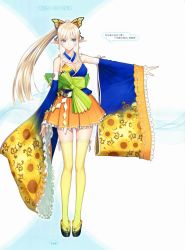 Rule 34 | 1girl, bare shoulders, blonde hair, blue eyes, breasts, butterfly hair ornament, cleavage, concept art, detached collar, detached sleeves, dress, earrings, elf, floral print, geta, hair ornament, highres, japanese clothes, jewelry, kirika towa alma, long dress, long hair, long legs, nail polish, okobo, pointy ears, ponytail, ribbon, sandals, shining (series), shining resonance, solo, thighhighs, tony taka, yellow thighhighs, zettai ryouiki
