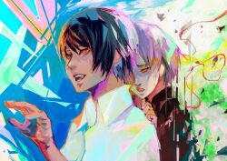 Rule 34 | 1boy, 1girl, :d, absurdres, collared shirt, from side, hand up, highres, kanae von rosewald, kyuuba melo, multicolored background, open mouth, purple hair, red eyes, sad, shirt, short hair, smile, teeth, tokyo ghoul, tokyo ghoul:re, tsukiyama shuu, upper body, white shirt