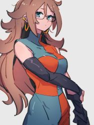 Rule 34 | 1girl, adjusting sleeves, android 21, black sleeves, blue eyes, breasts, brown hair, checkered clothes, checkered dress, closed mouth, detached sleeves, dragon ball, dragon ball fighterz, dress, earrings, glasses, grey background, hoop earrings, jewelry, kemachiku, long hair, looking at viewer, medium breasts, simple background, solo