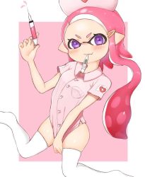 Rule 34 | 1girl, blush, border, buttons, closed mouth, collared shirt, covering crotch, covering privates, domino mask, hair ornament, hairclip, holding, holding syringe, inkling, inkling girl, inkling player character, long hair, looking at viewer, mask, mouth hold, nintendo, nurse, outside border, pink background, pink hair, pink headwear, pink shirt, pink theme, pointy ears, purple eyes, shirt, short sleeves, smile, solo, splatoon (series), syringe, tentacle hair, thighhighs, wanimaru, white border, white thighhighs
