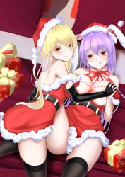 Rule 34 | 2girls, :q, alternate costume, animal ears, belt, black belt, black gloves, black thighhighs, blonde hair, blush, bow, box, breast press, breasts, c:, chinese commentary, christmas, cleavage, closed mouth, colored eyelashes, commentary request, dress, elbow gloves, eyes visible through hair, feet out of frame, fur-trimmed dress, fur trim, gift, gift box, gloves, hair between eyes, hat, highres, holding hands, interlocked fingers, junko (touhou), knee up, large breasts, licking lips, long hair, looking at viewer, looking back, lying, multiple girls, naughty face, on back, purple hair, rabbit ears, red bow, red eyes, reisen udongein inaba, santa costume, santa dress, santa hat, seductive smile, short dress, smile, straight hair, strapless, strapless dress, symmetrical docking, thighhighs, thighs, tongue, tongue out, touhou, very long hair, xialuluo (sharuro)