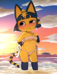 Rule 34 | 1girl, animal crossing, animal ears, ankha (animal crossing), beach, bikini, blunt bangs, blush, bob cut, breasts, cat ears, cat girl, cat tail, cleavage, colored skin, covered erect nipples, dagashi (daga2626), day, embarrassed, frown, fundoshi, furry, furry female, hand on own hip, hand on own chest, highres, japanese clothes, looking to the side, nintendo, outdoors, sarashi, short hair, side-tie bikini bottom, solo, standing, sunset, swimsuit, tail, water, wet, wet hair, yellow skin