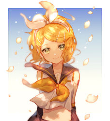 Rule 34 | 1girl, bad id, bad pixiv id, bare shoulders, blonde hair, blue background, bow, detached sleeves, gradient background, green eyes, hair bow, hair ornament, hairclip, head tilt, headphones, headset, jugemu (qqkyon), kagamine rin, looking at viewer, midriff, navel, petals, sailor collar, shirt, short hair, sleeveless, sleeveless shirt, smile, solo, treble clef, vocaloid, wind, yellow neckwear
